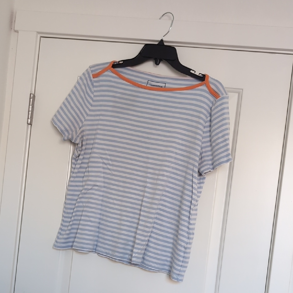Charter Club Light Blue and White Striped Tee with Orange Accent Size XL